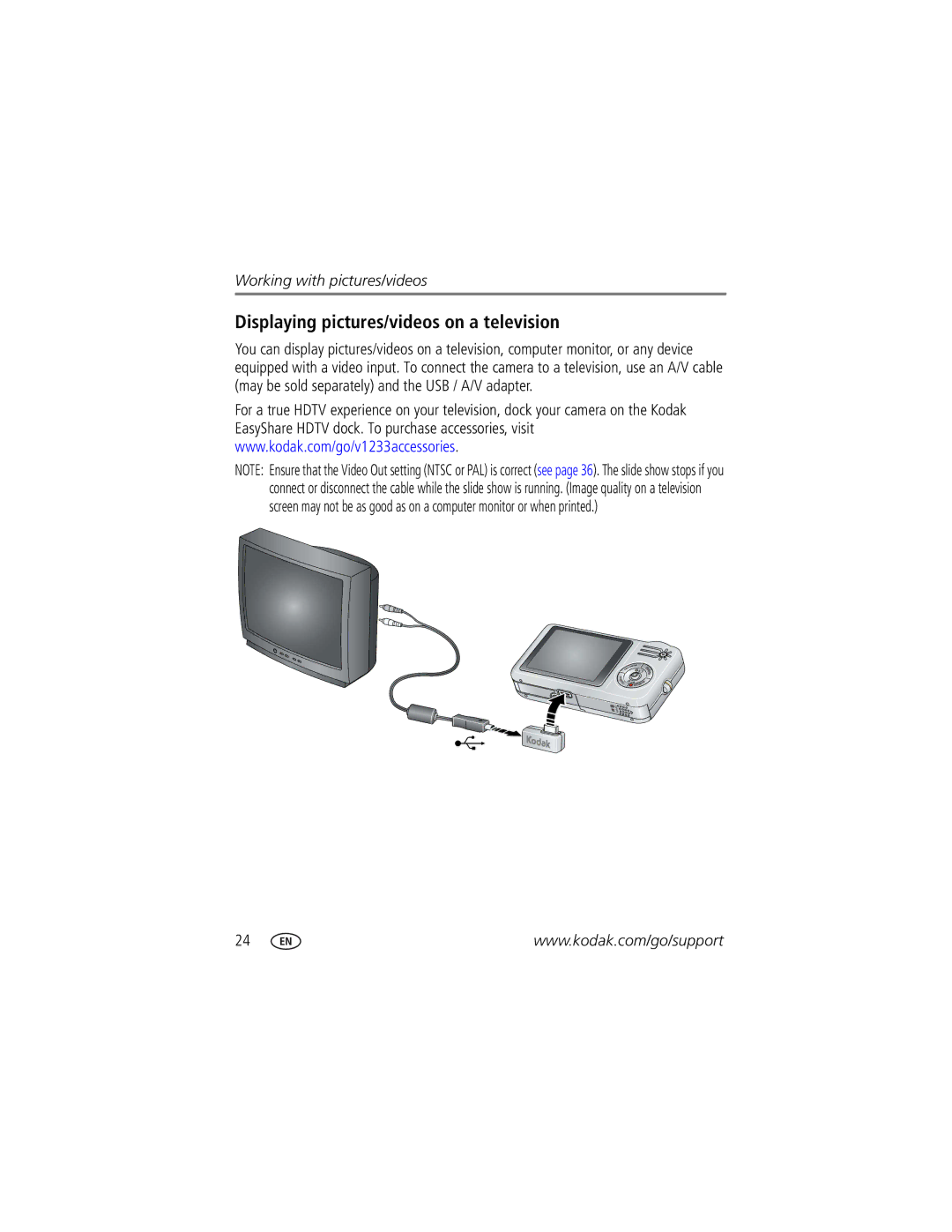 Kodak V1233 manual Displaying pictures/videos on a television 