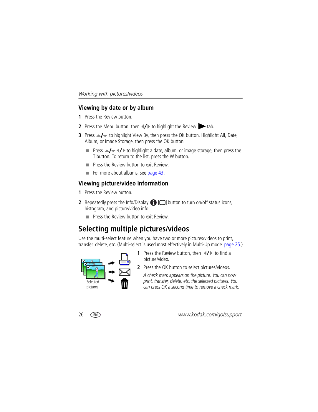 Kodak V1233 manual Selecting multiple pictures/videos, Viewing by date or by album, Viewing picture/video information 