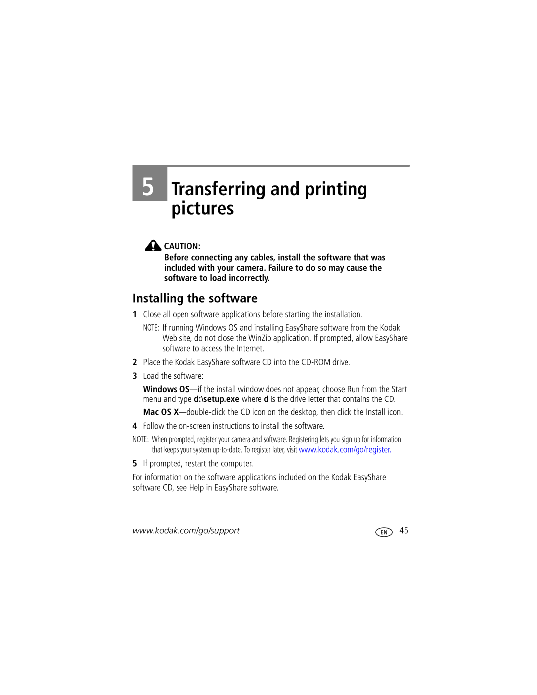 Kodak V1233 manual Transferring and printing pictures, Installing the software 