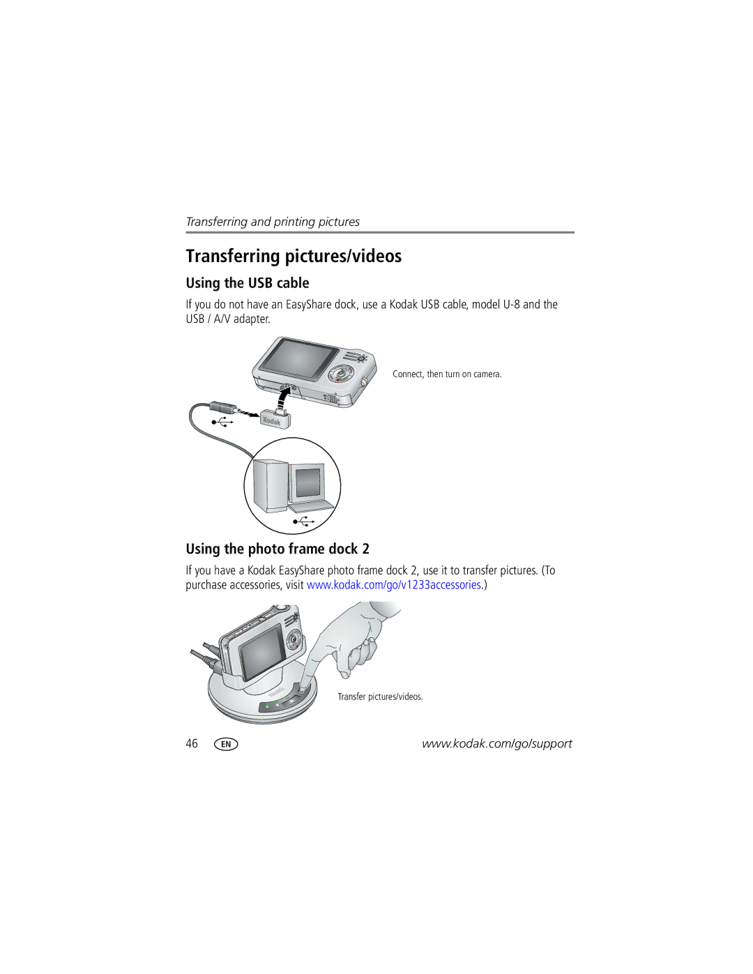 Kodak V1233 manual Transferring pictures/videos, Using the USB cable, Using the photo frame dock 