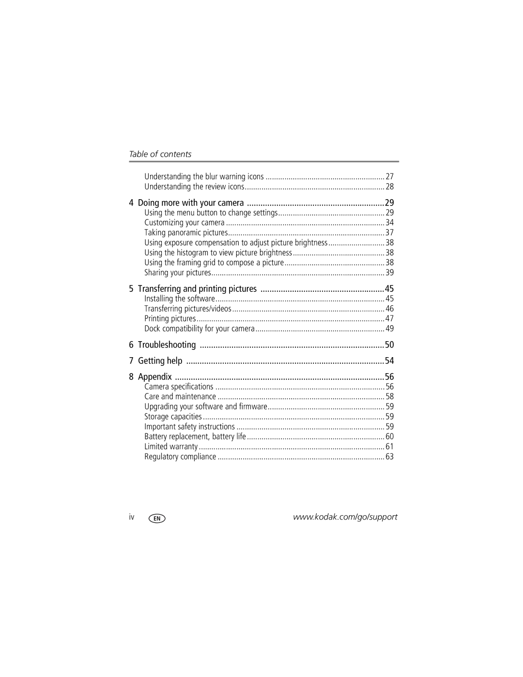 Kodak V1233 manual Table of contents 