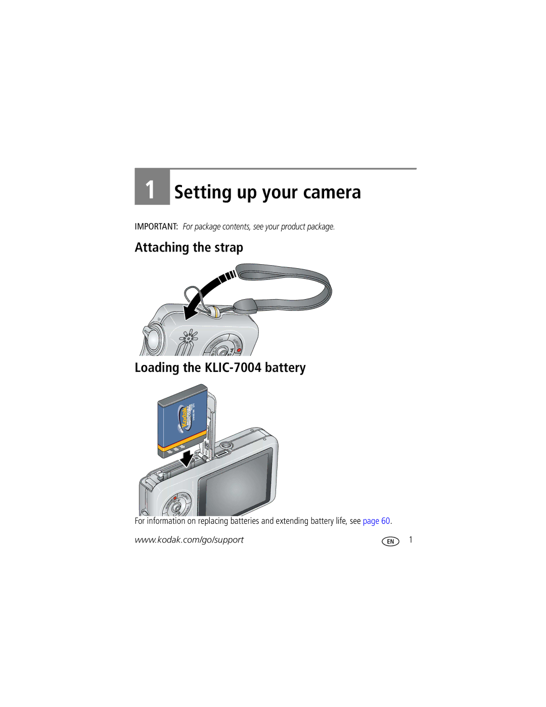 Kodak V1233 manual Setting up your camera, Attaching the strap Loading the KLIC-7004 battery 