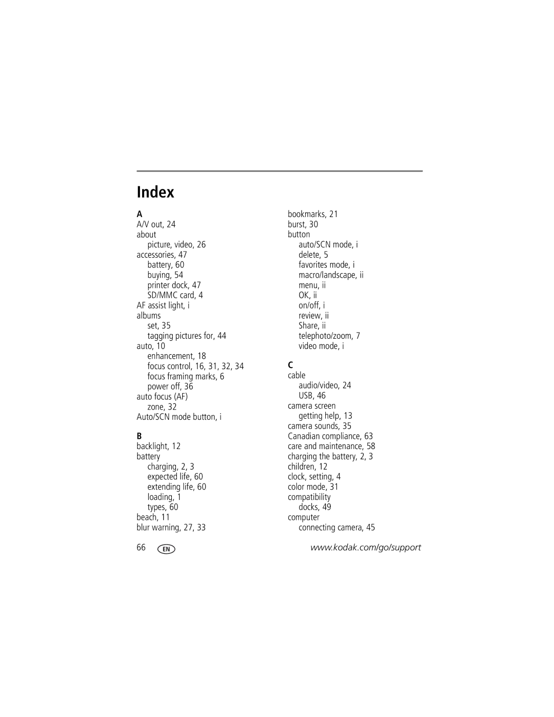 Kodak V1233 manual Index, Bookmarks 