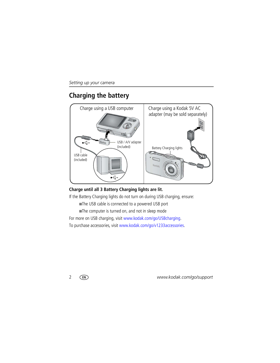 Kodak V1233 manual Charging the battery, Charge using a USB computer, Charge until all 3 Battery Charging lights are lit 