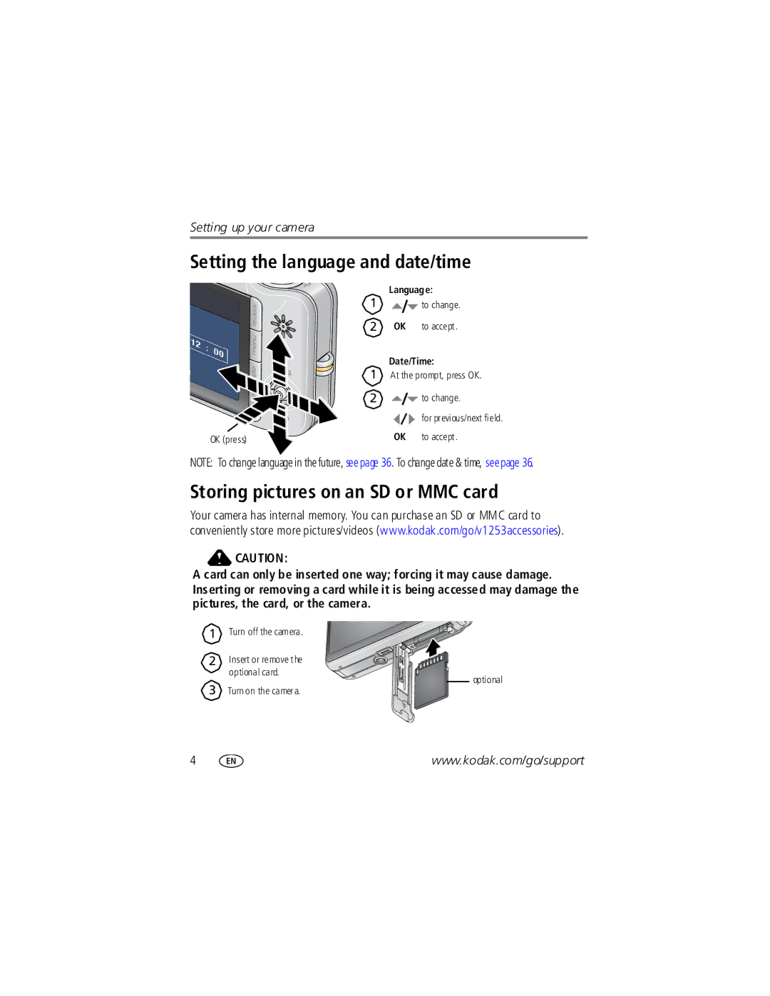 Kodak V1253 manual Setting the language and date/time, Storing pictures on an SD or MMC card 