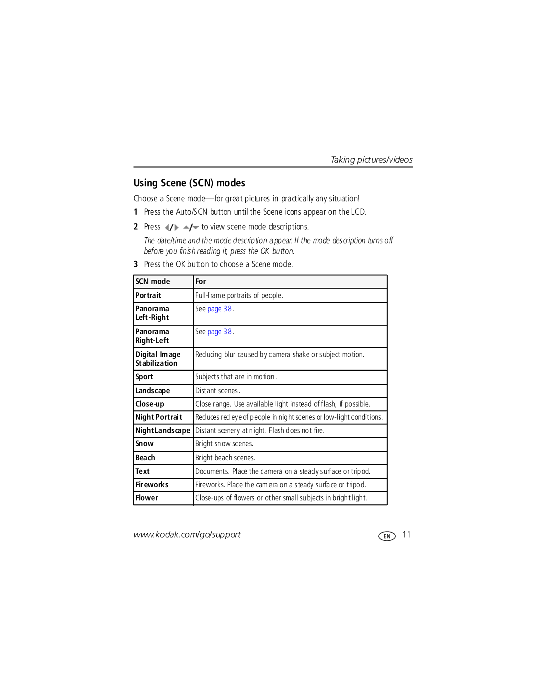 Kodak V1253 manual Using Scene SCN modes, Press the OK button to choose a Scene mode 