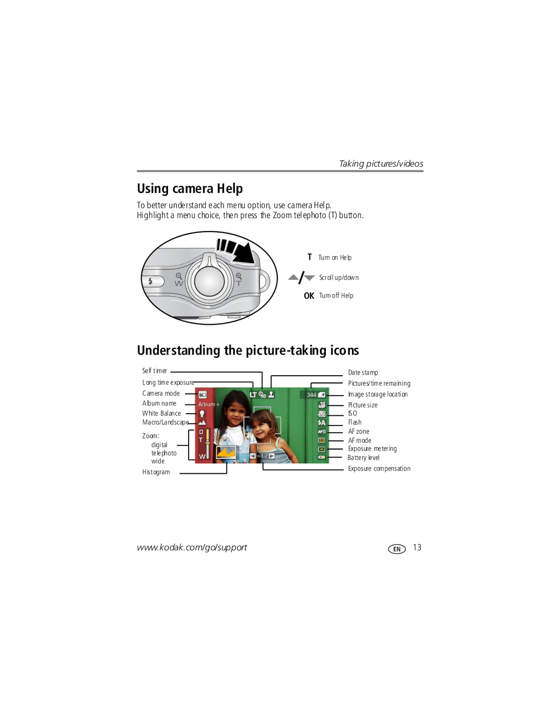 Kodak V1253 manual Using camera Help, Understanding the picture-taking icons 