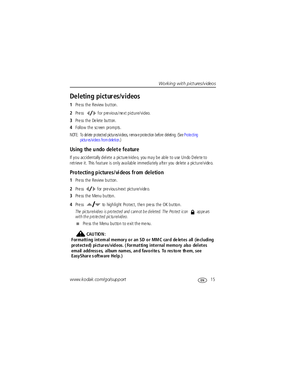 Kodak V1253 manual Deleting pictures/videos, Using the undo delete feature, Protecting pictures/videos from deletion 