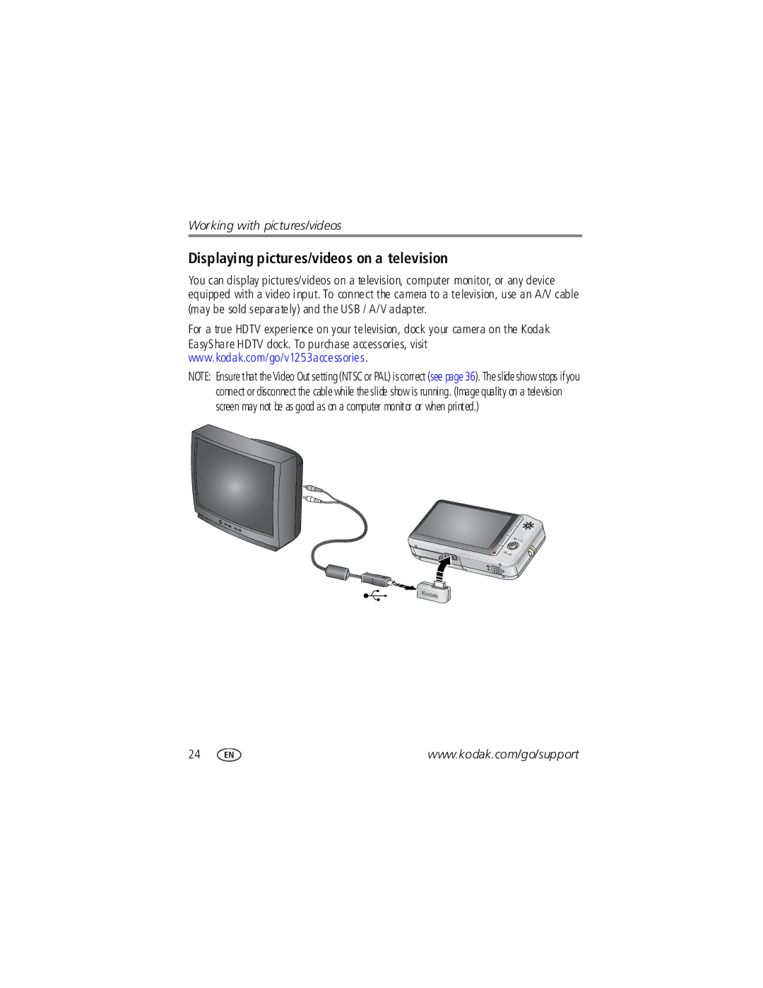 Kodak V1253 manual Displaying pictures/videos on a television 