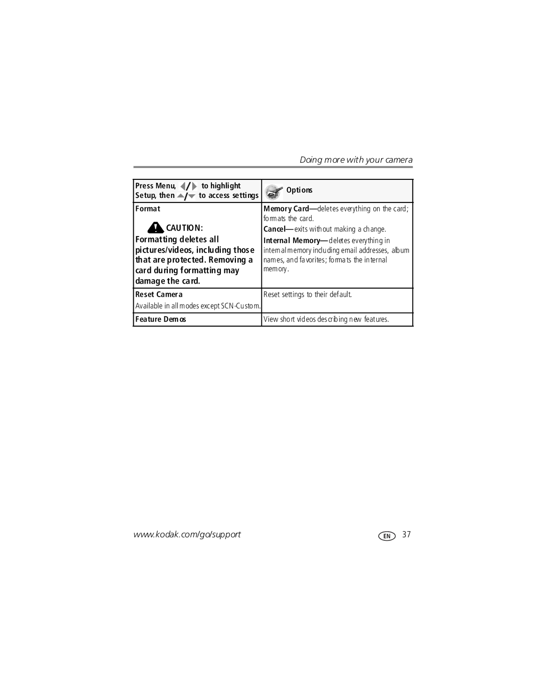 Kodak V1253 manual Formatting deletes all, Card during formatting may, Damage the card 