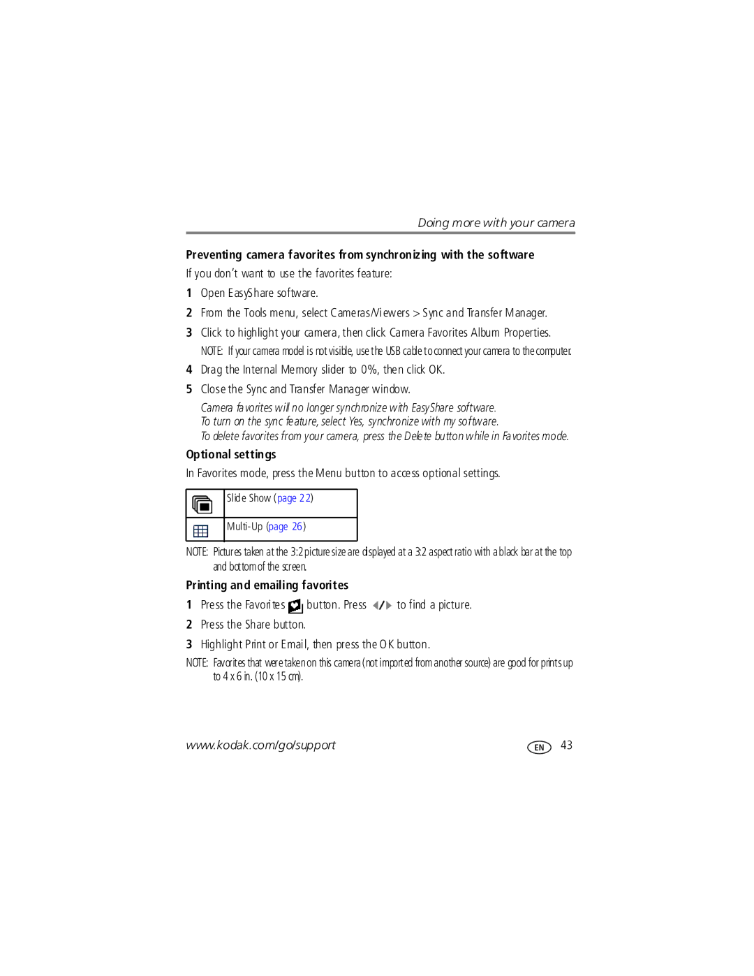 Kodak V1253 manual Optional settings, Printing and emailing favorites 