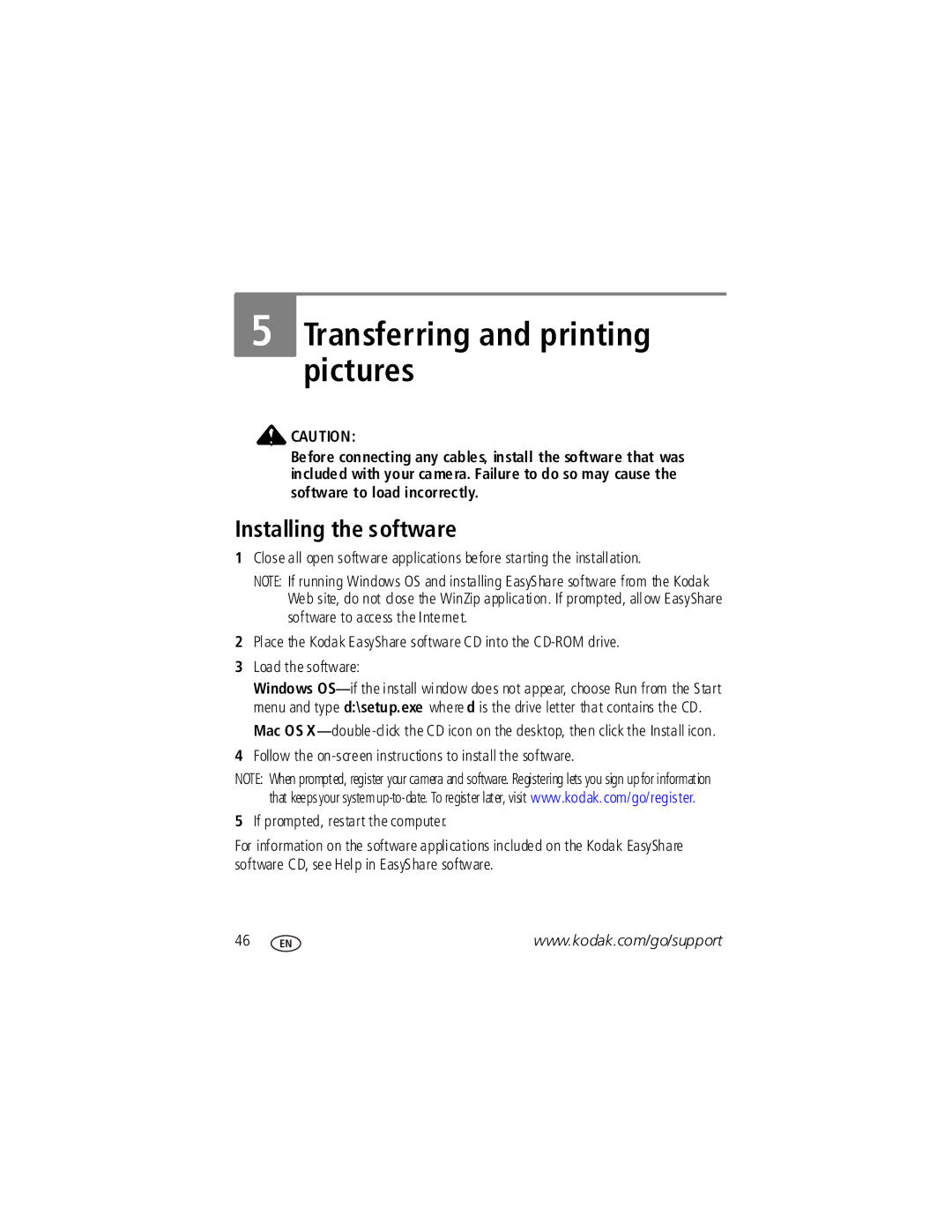 Kodak V1253 manual Transferring and printing pictures, Installing the software 