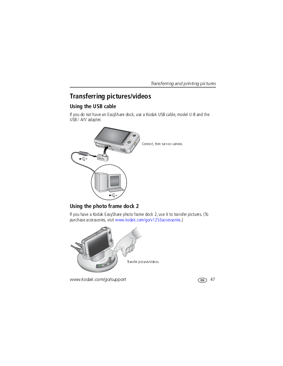 Kodak V1253 manual Transferring pictures/videos, Using the USB cable, Using the photo frame dock 