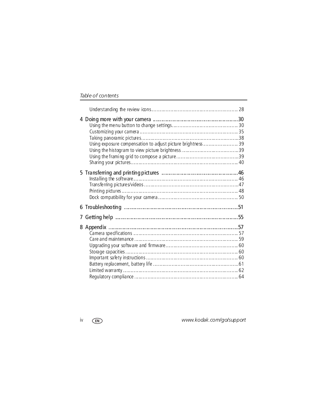 Kodak V1253 manual Table of contents 