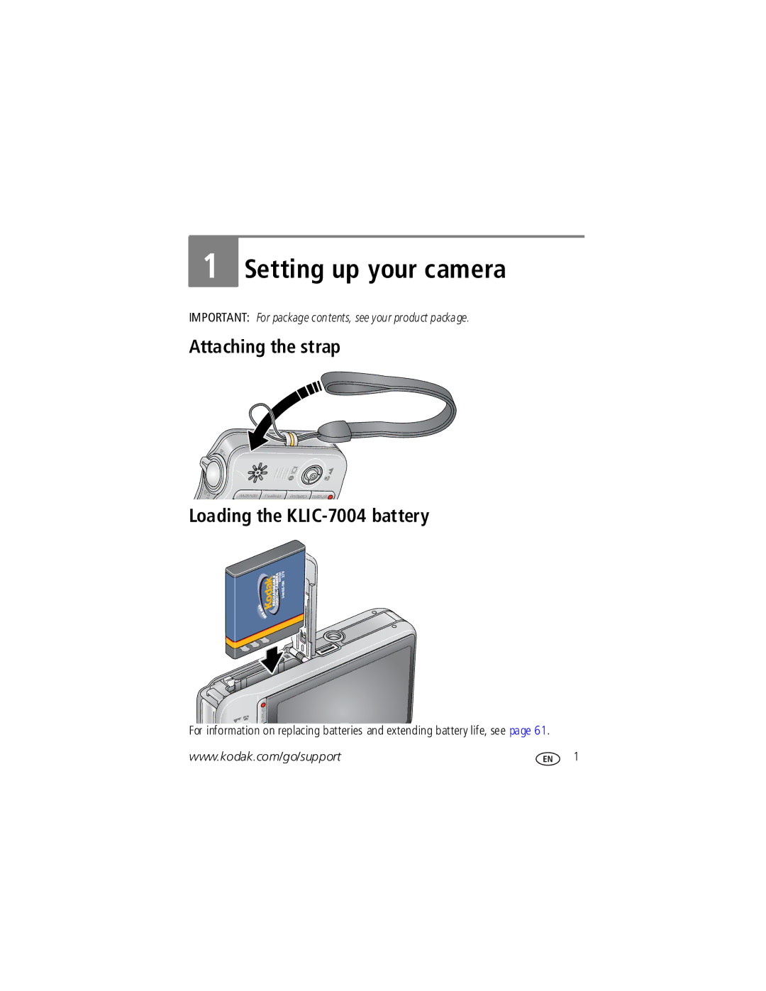 Kodak V1253 manual Setting up your camera, Attaching the strap Loading the KLIC-7004 battery 