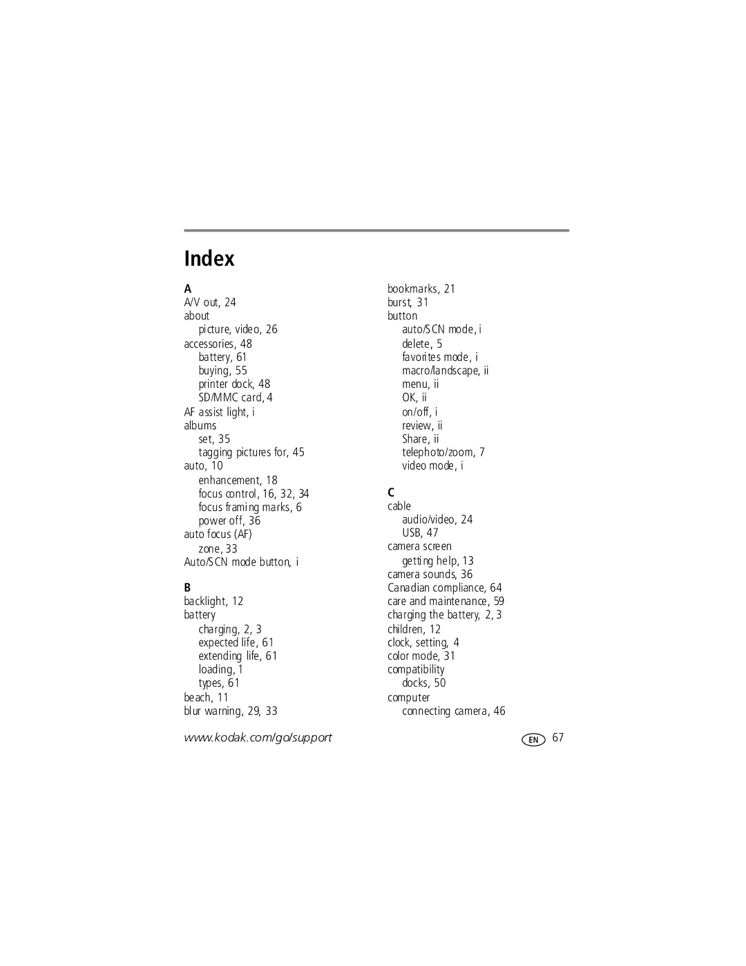 Kodak V1253 manual Index, Bookmarks 