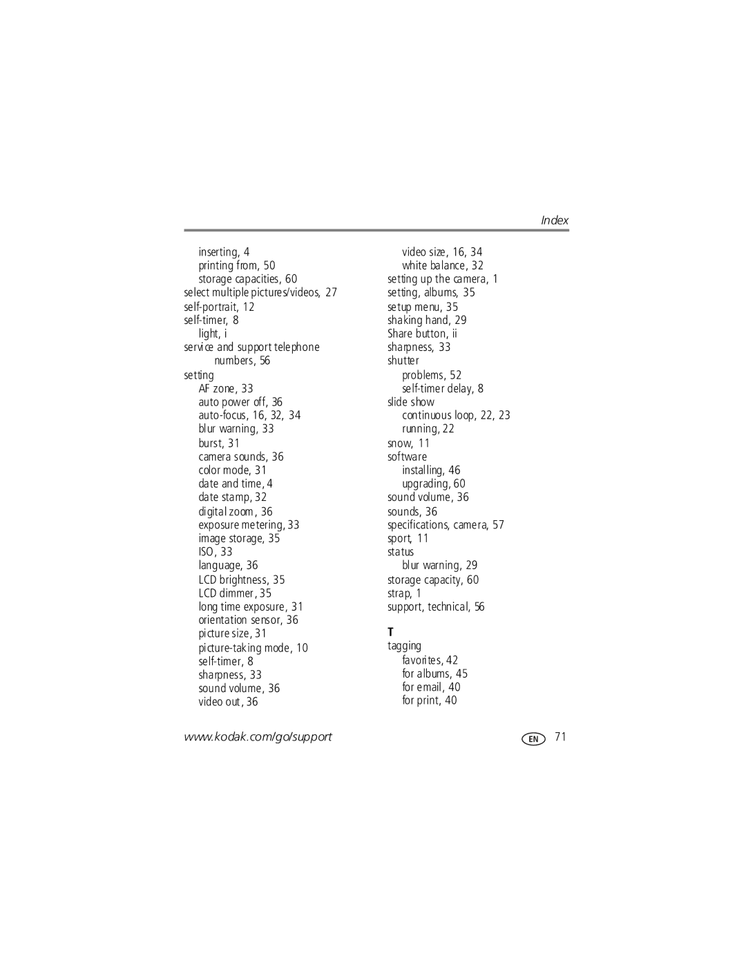 Kodak V1253 manual Index 