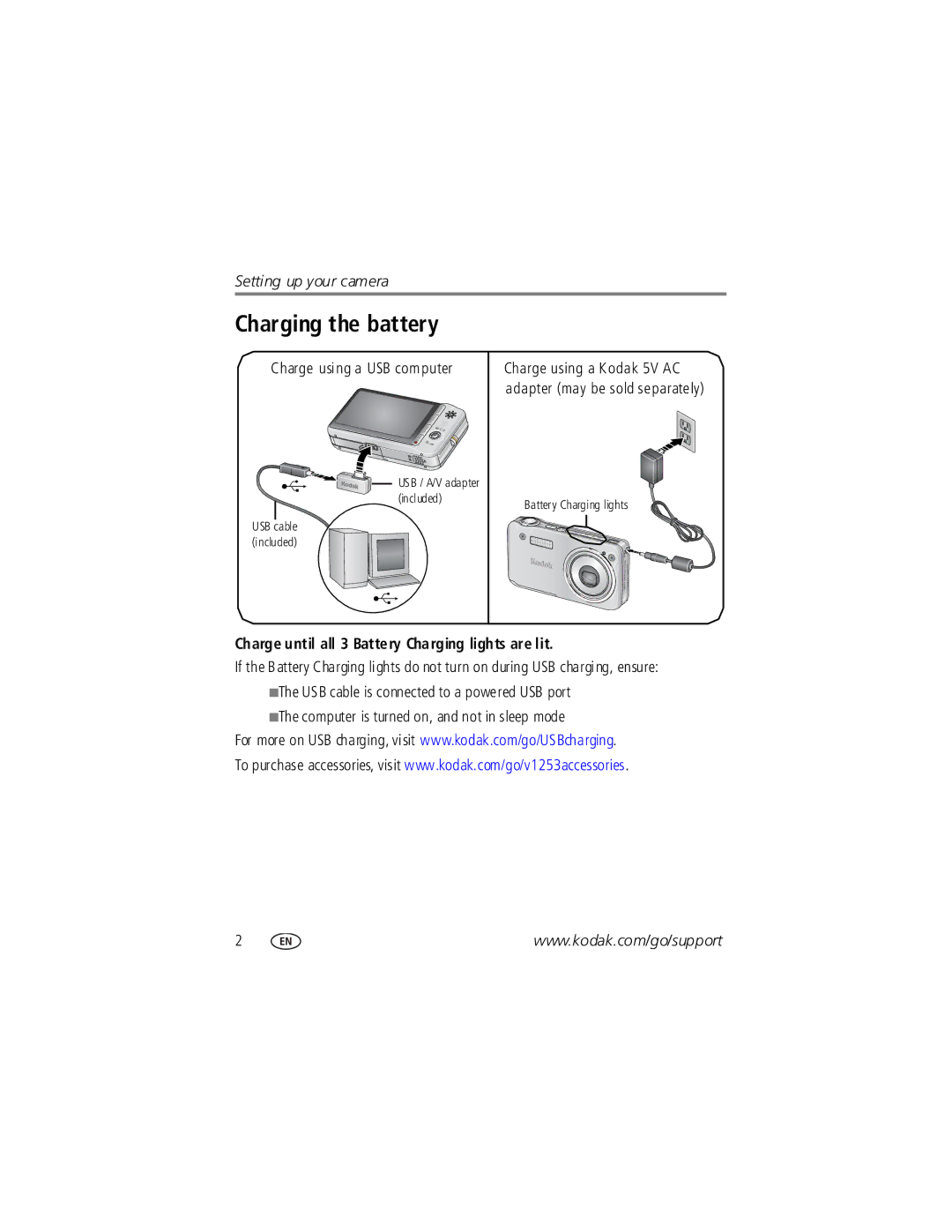 Kodak V1253 manual Charging the battery, Charge using a USB computer Charge using a Kodak 5V AC 