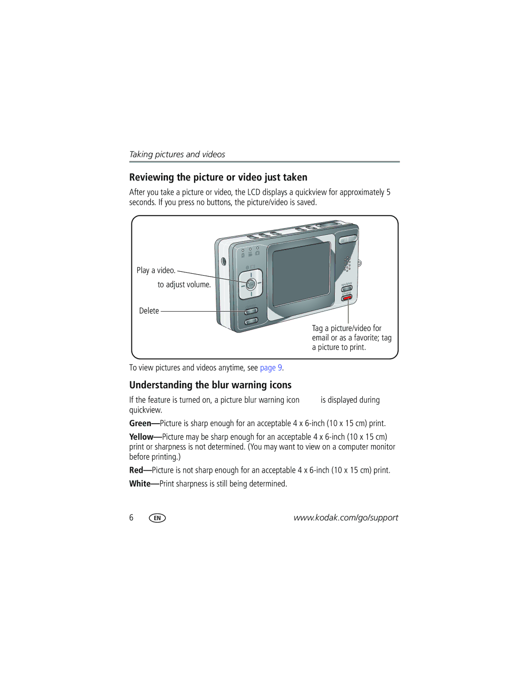 Kodak V530 manual Reviewing the picture or video just taken, Understanding the blur warning icons, Quickview 