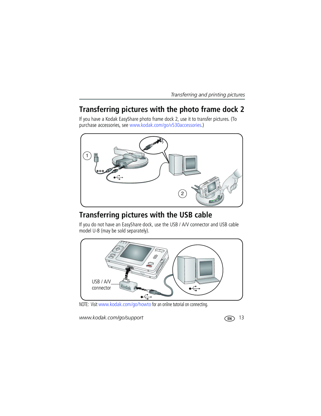 Kodak V530 manual Transferring pictures with the USB cable, USB / A/V connector 