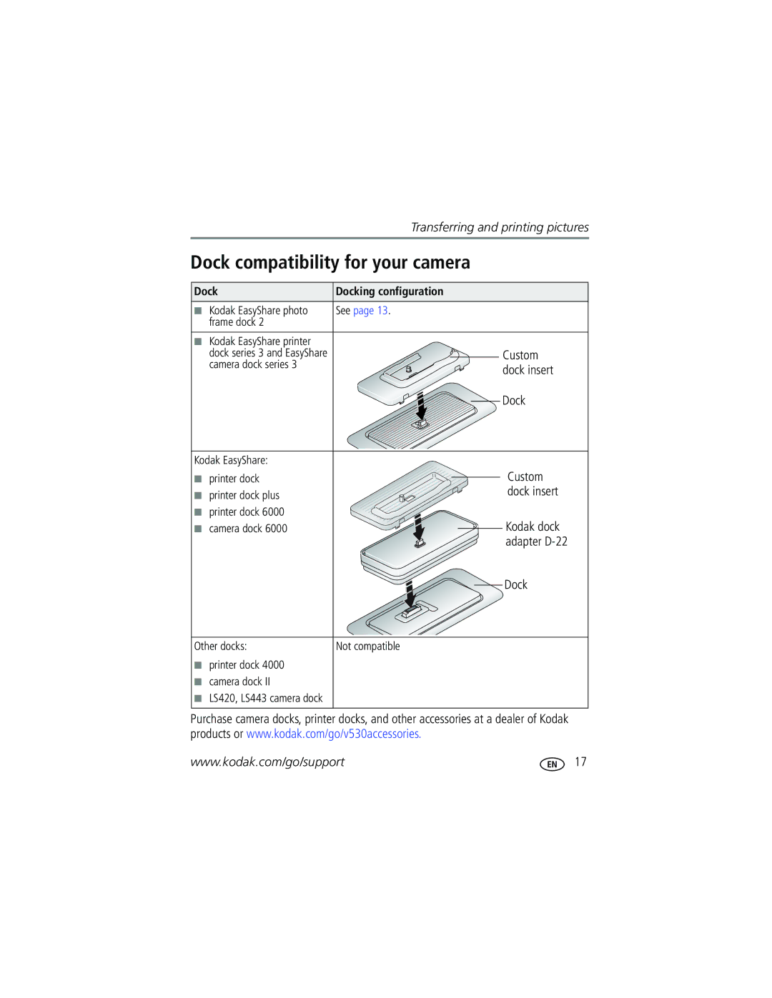 Kodak V530 manual Dock compatibility for your camera, Custom, Dock Docking configuration 