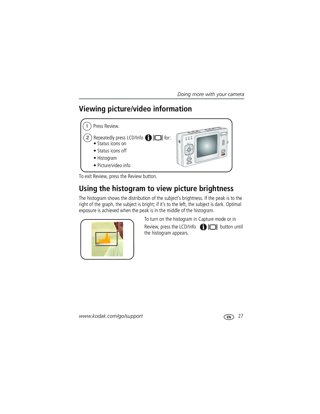 Kodak V530 Viewing picture/video information, Using the histogram to view picture brightness, Press Review, Button until 