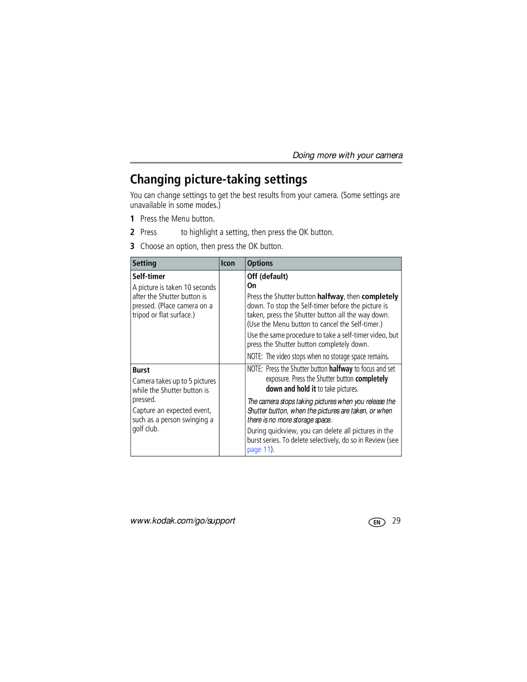 Kodak V530 manual Changing picture-taking settings, Setting Icon Options Self-timer Off default, Burst 