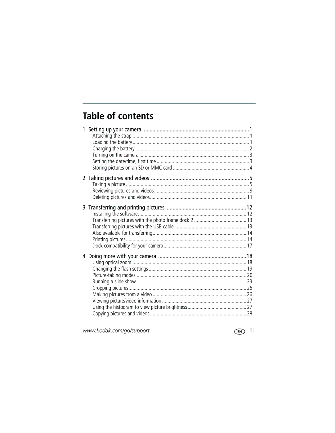 Kodak V530 manual Table of contents 