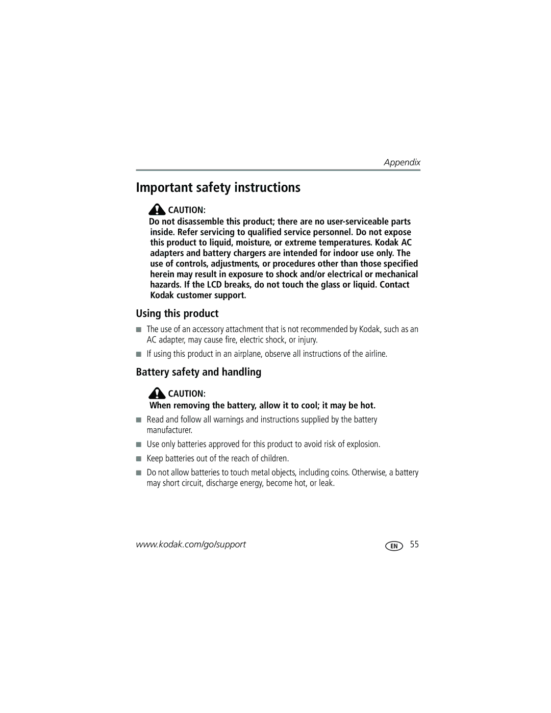 Kodak V530 manual Important safety instructions, Using this product, Battery safety and handling 