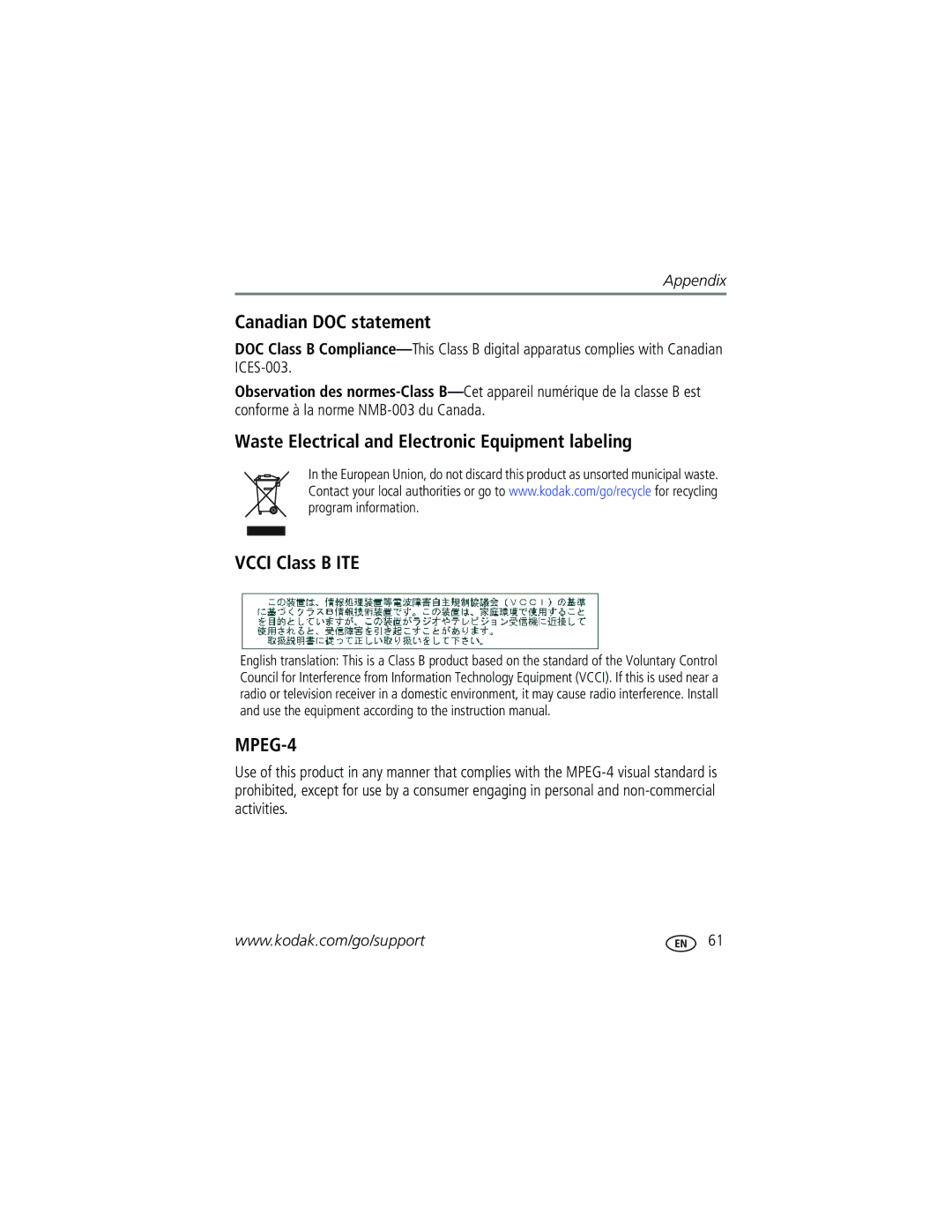 Kodak V530 manual Canadian DOC statement, MPEG-4 