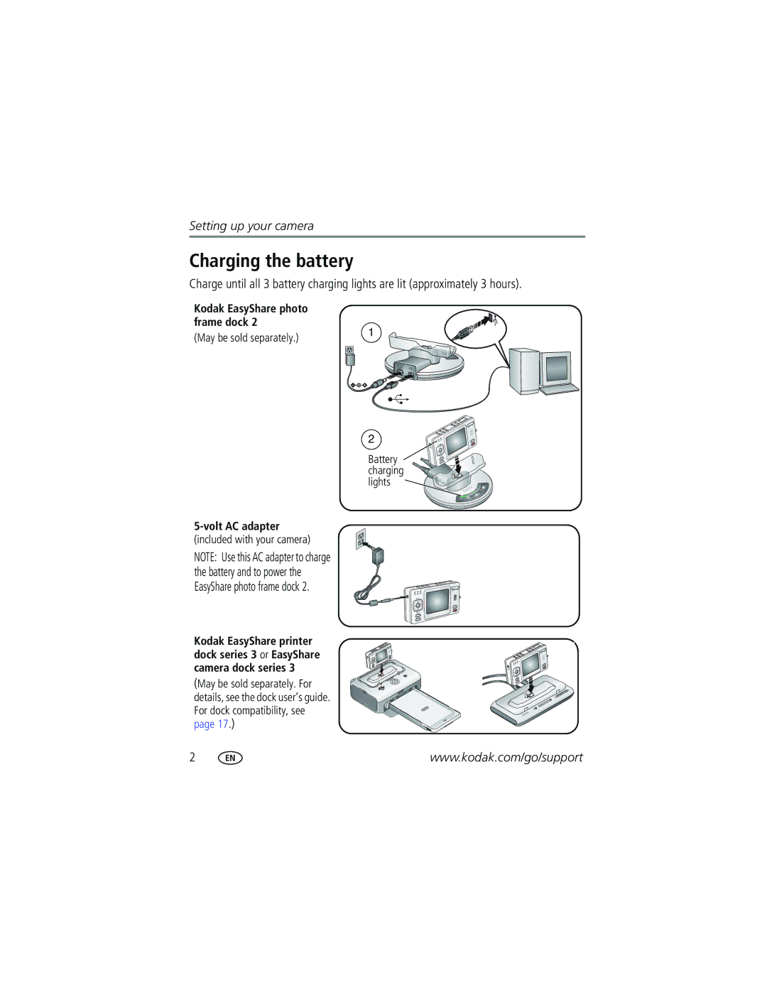 Kodak V530 manual Charging the battery, Kodak EasyShare photo frame dock, May be sold separately Battery charging lights 