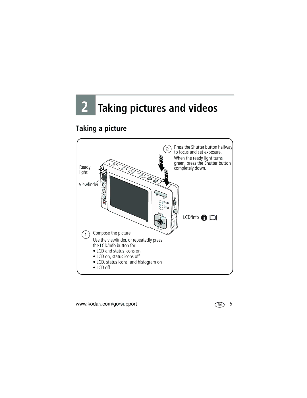 Kodak V550 manual Taking pictures and videos, Taking a picture 