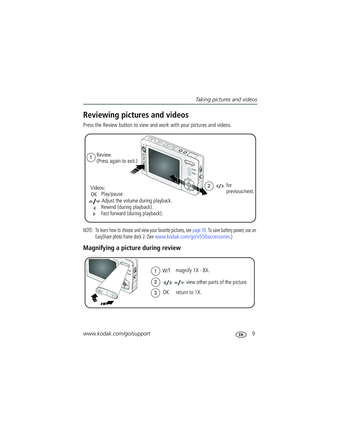 Kodak V550 manual Reviewing pictures and videos, Magnifying a picture during review 