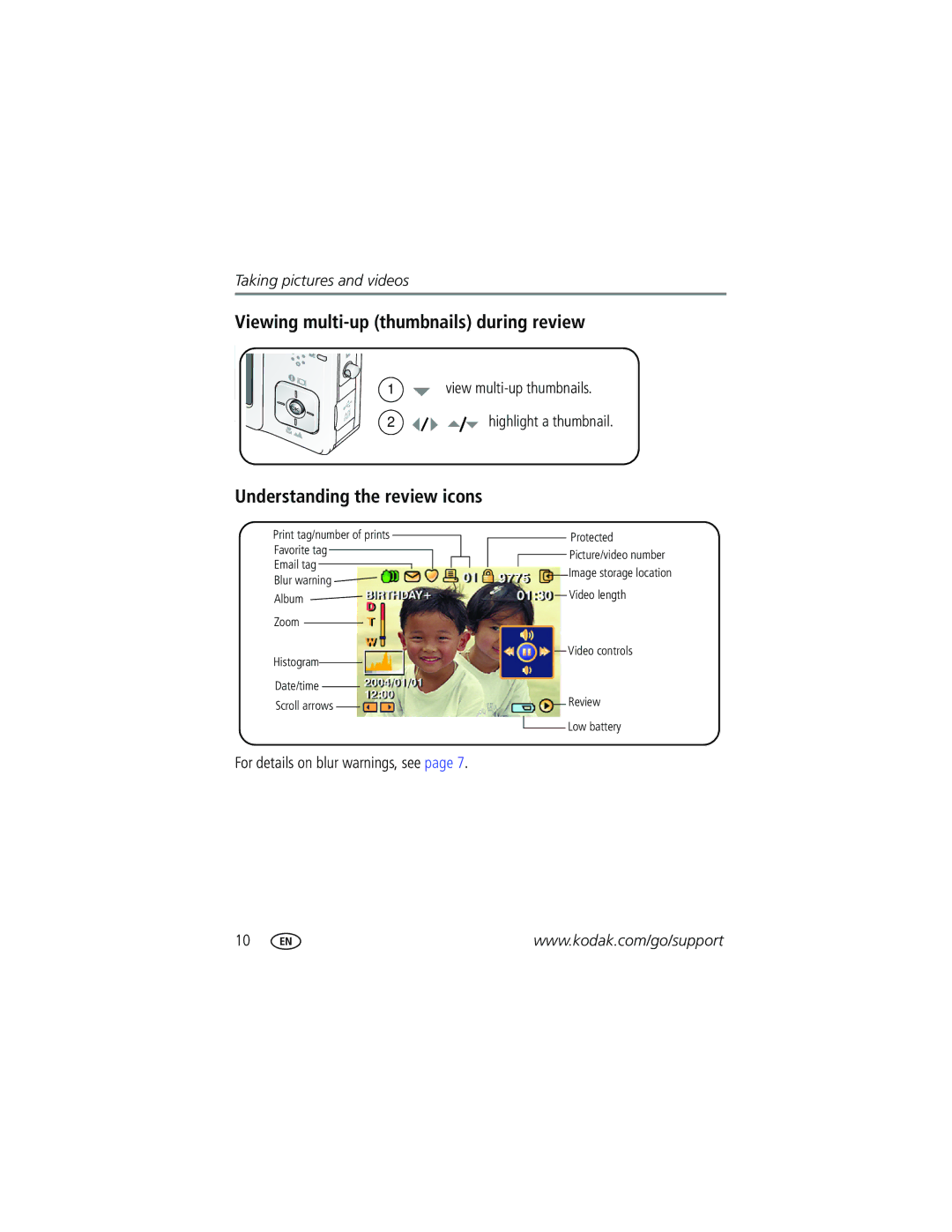 Kodak V550 Viewing multi-up thumbnails during review, Understanding the review icons, For details on blur warnings, see 