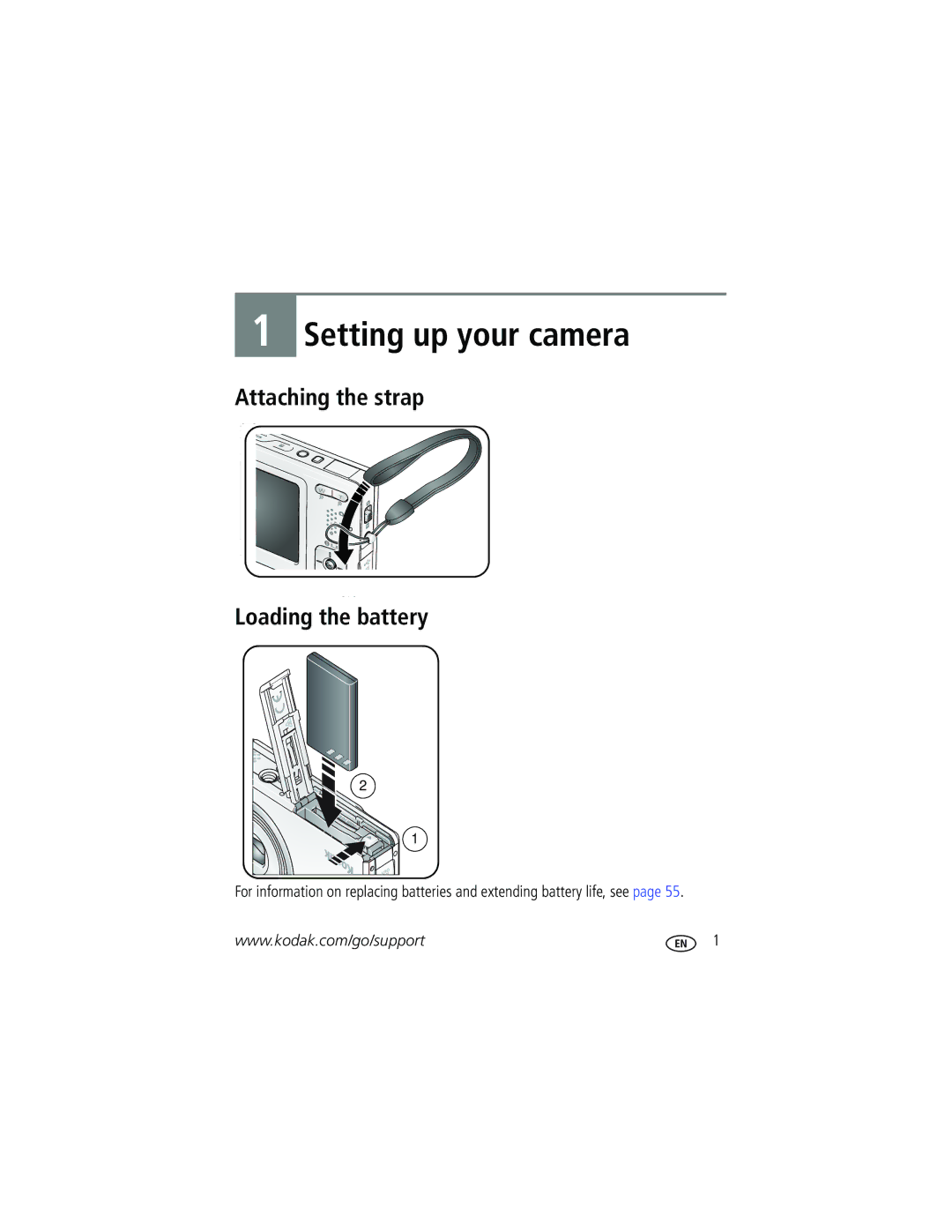 Kodak V550 manual Setting up your camera, Attaching the strap Loading the battery 