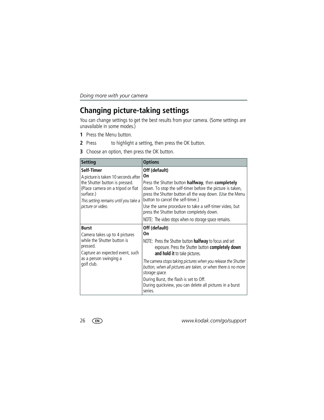 Kodak V570 manual Changing picture-taking settings, Hold it to take pictures, Setting Options Self-Timer Off default 