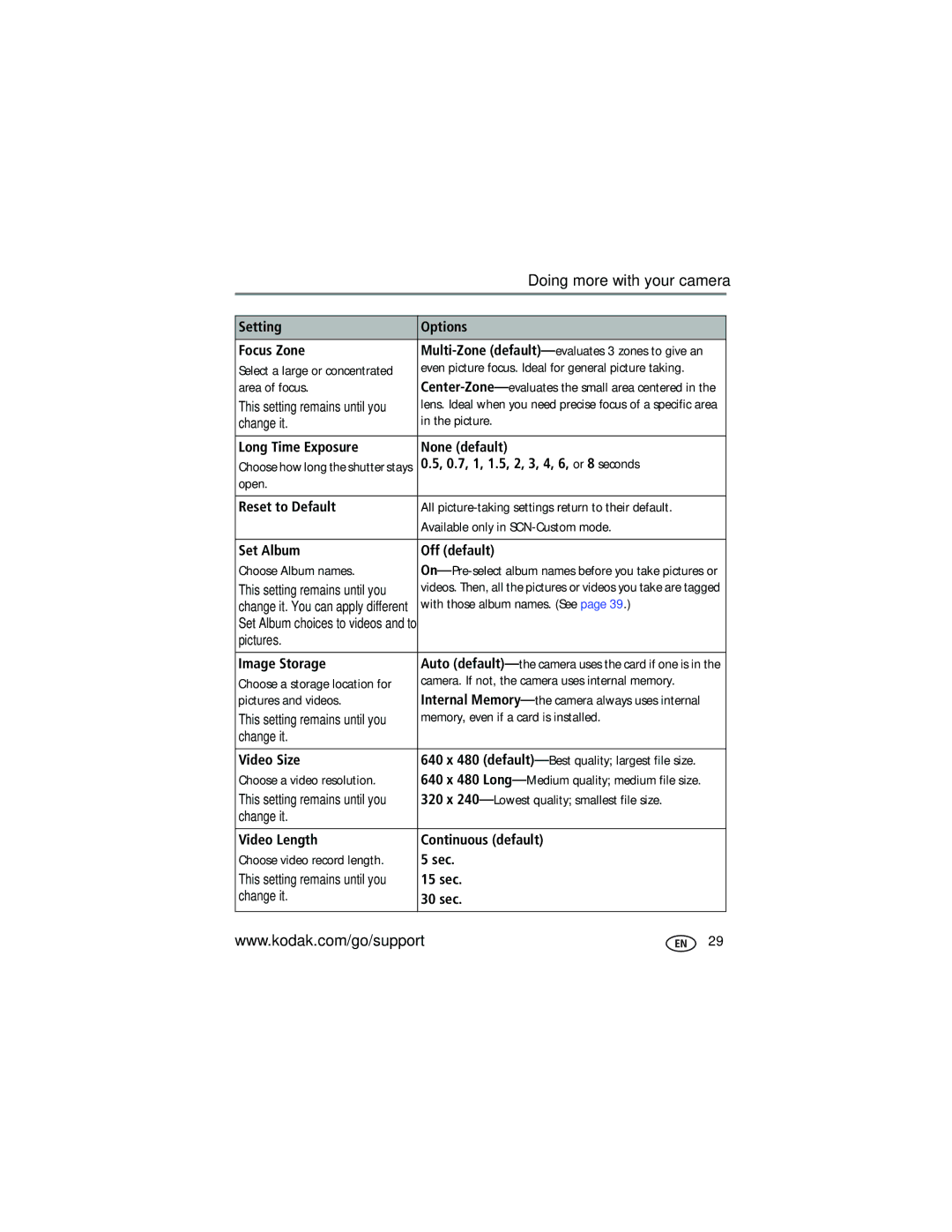 Kodak V570 Setting Options Focus Zone, Long Time Exposure None default, 0.7, 1, 1.5, 2, 3, 4, 6, or 8 seconds, Video Size 