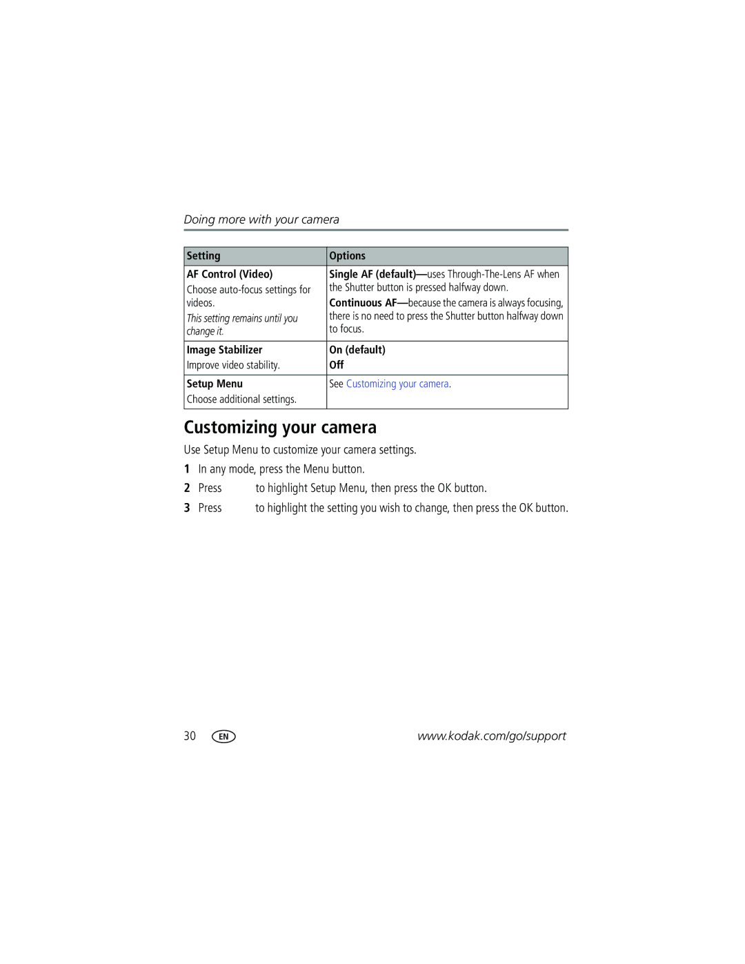 Kodak V570 manual Customizing your camera, Setting Options AF Control Video, Image Stabilizer On default, Setup Menu 