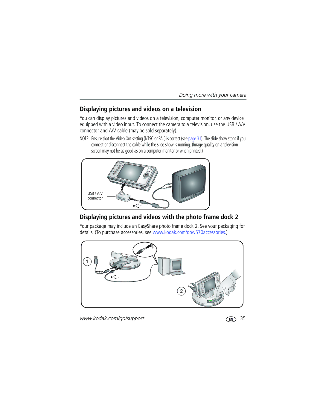 Kodak V570 manual Displaying pictures and videos on a television, Displaying pictures and videos with the photo frame dock 