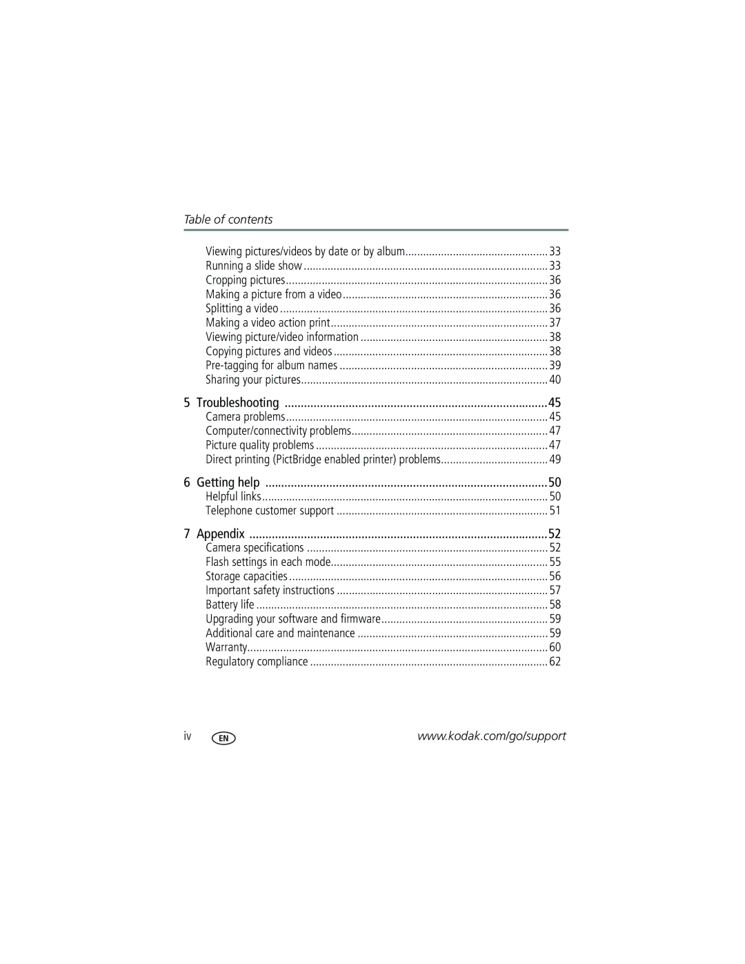 Kodak V570 manual Table of contents 