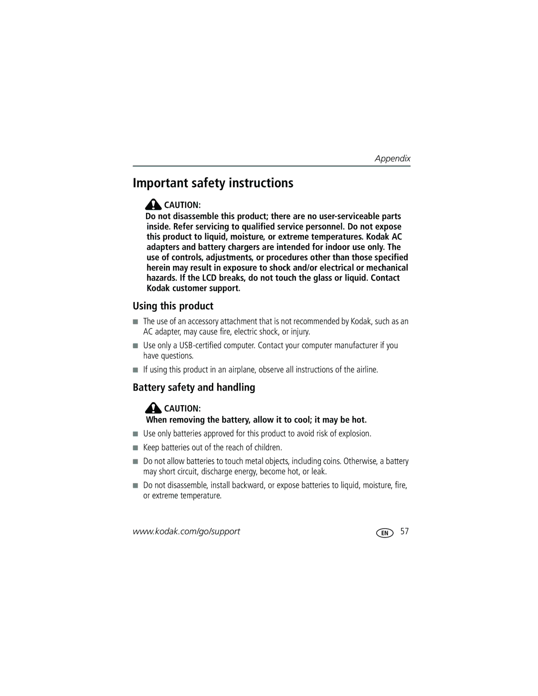 Kodak V570 manual Important safety instructions, Using this product, Battery safety and handling 