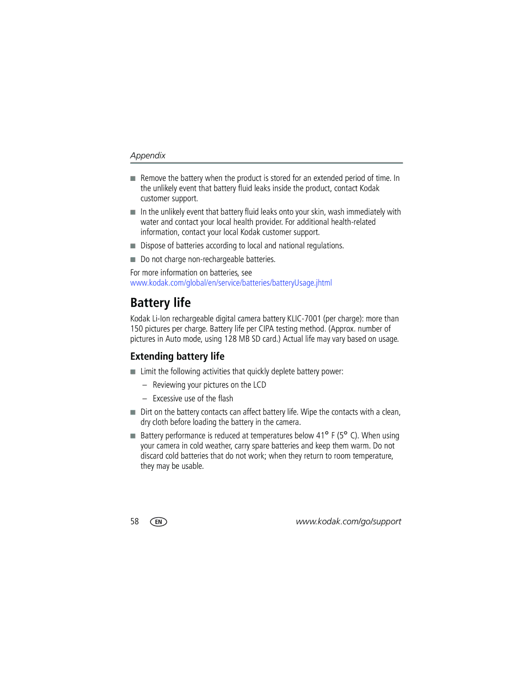 Kodak V570 manual Battery life, Extending battery life 