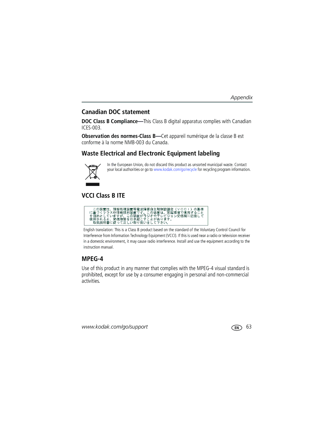 Kodak V570 manual Canadian DOC statement, MPEG-4 