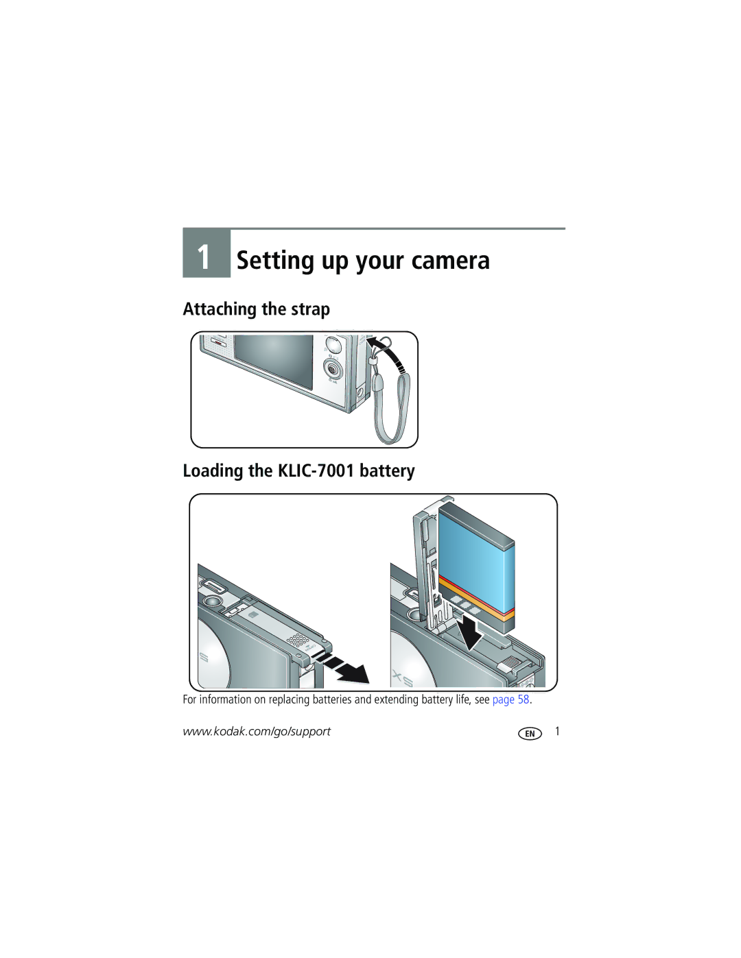 Kodak V570 manual Setting up your camera, Attaching the strap Loading the KLIC-7001 battery 