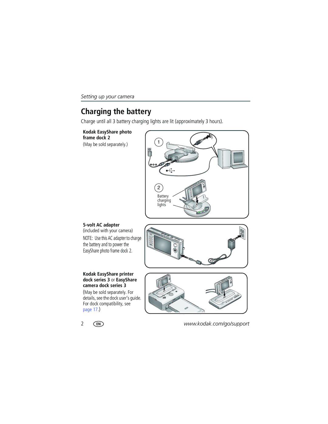 Kodak V570 manual Charging the battery, Kodak EasyShare photo frame dock, May be sold separately, Volt AC adapter 