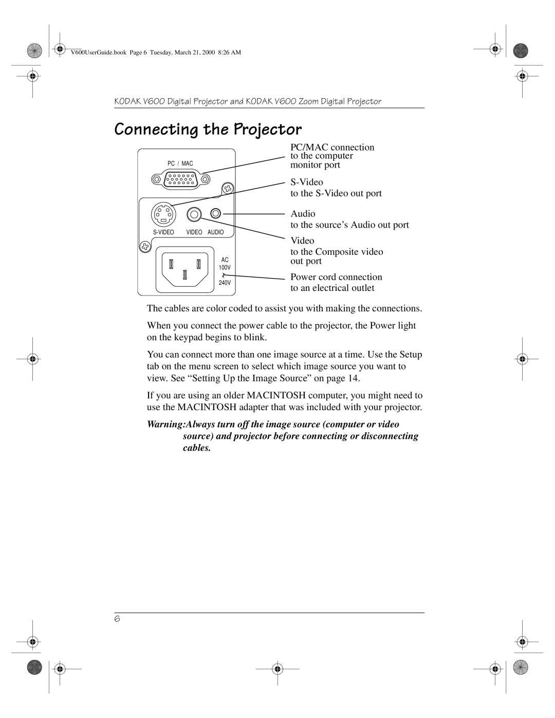 Kodak V600 Zoom manual Connecting the Projector 