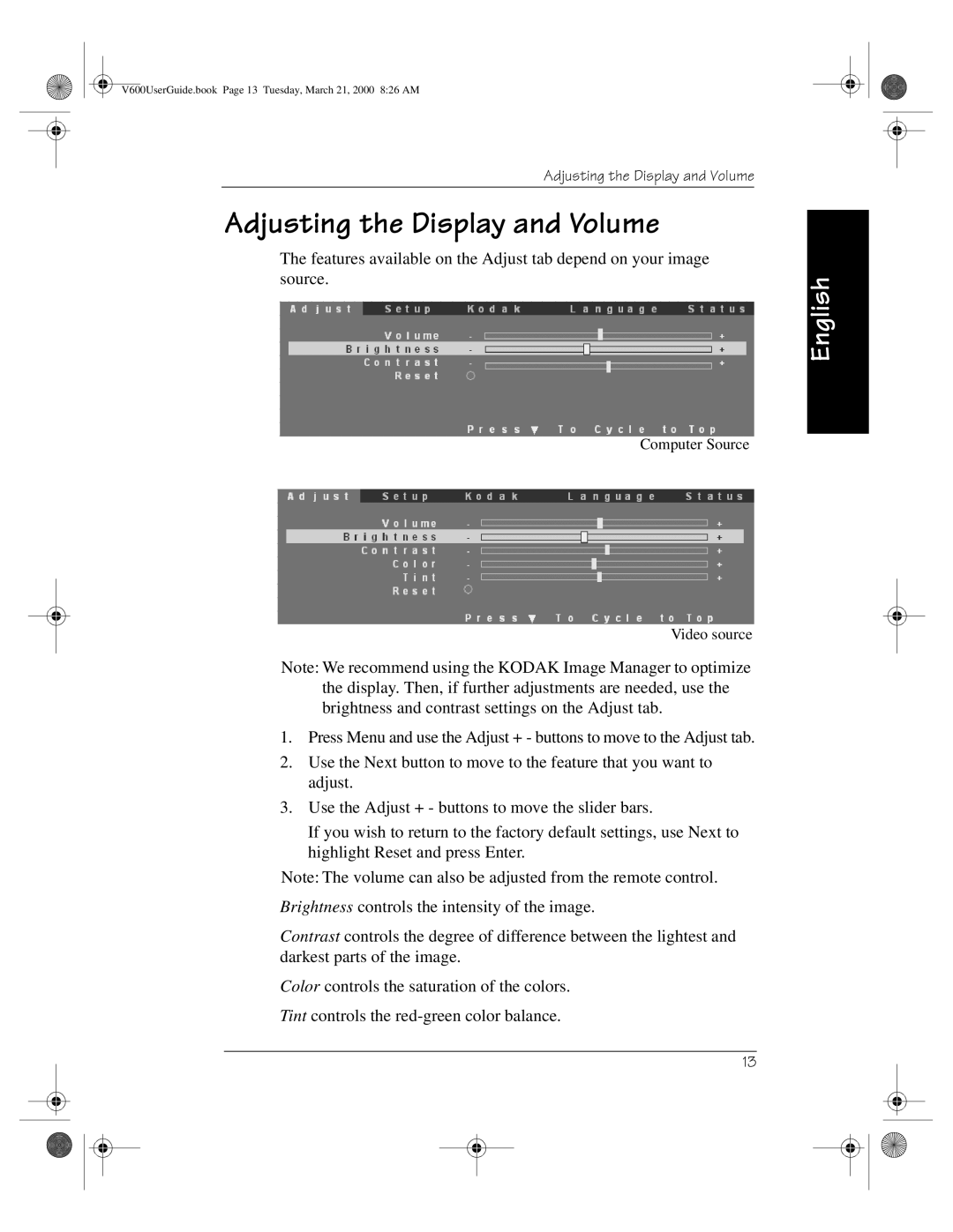 Kodak V600 Zoom manual Adjusting the Display and Volume 