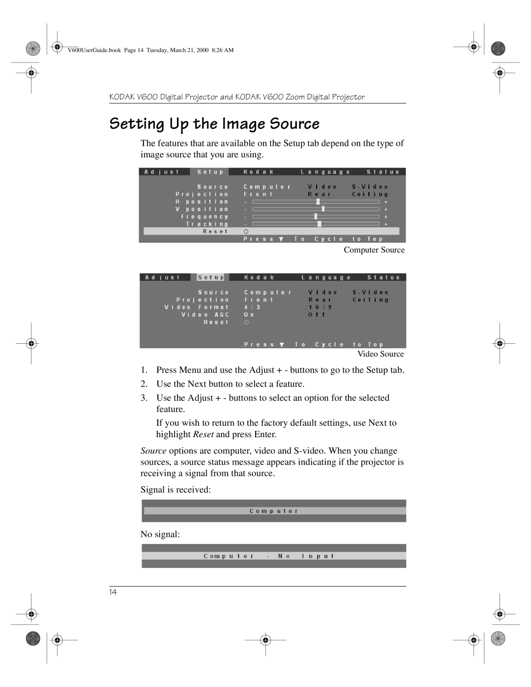 Kodak V600 Zoom manual Setting Up the Image Source 