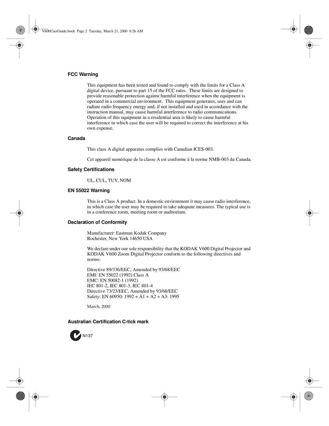 Kodak V600 Zoom manual Safety Certifications 