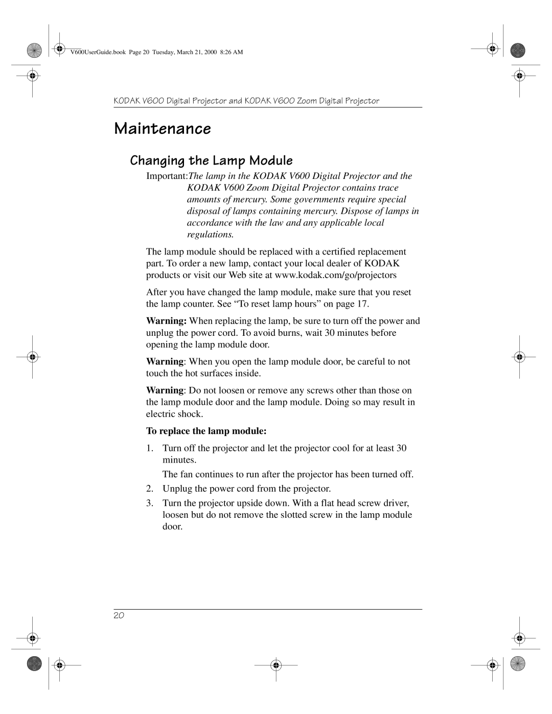 Kodak V600 Zoom manual Maintenance, Changing the Lamp Module 